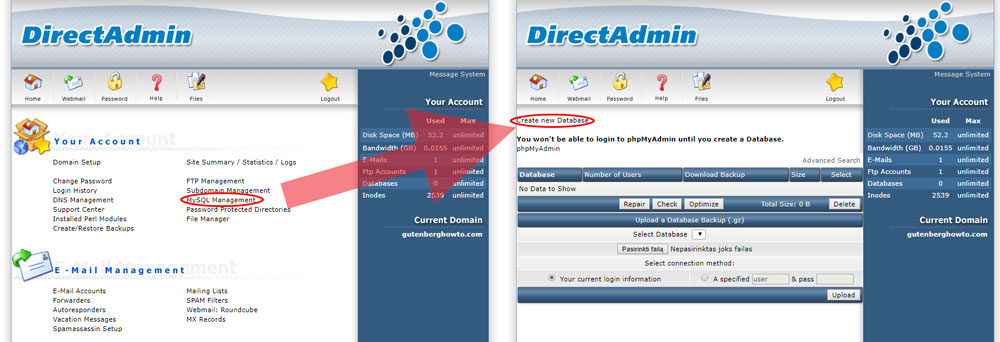 Select MySQL management on DirectAdmin