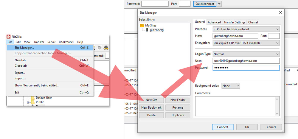 Filezilla create FTP connection