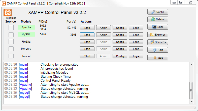 XAMPP started services