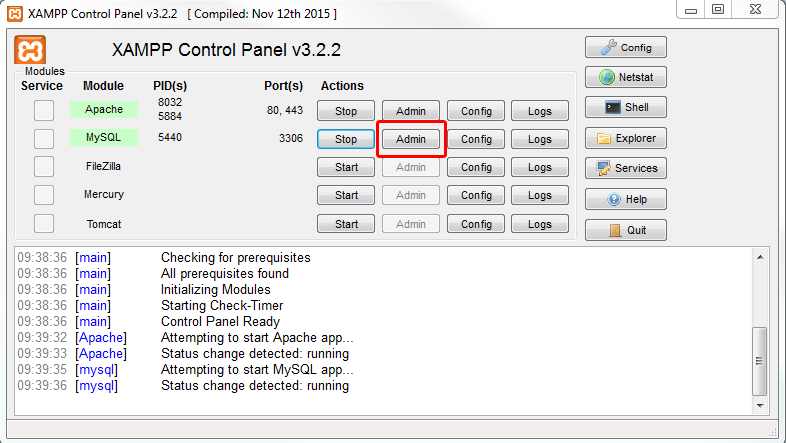 XAMPP start phpmyadmin