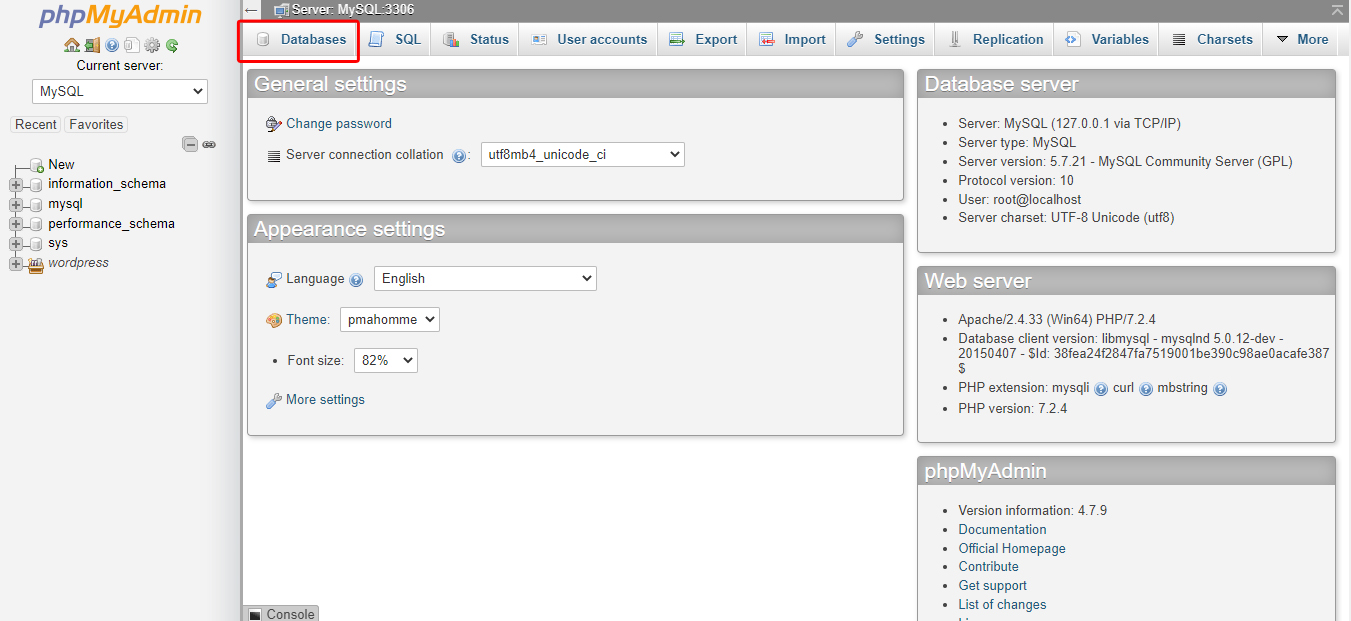 phpmyadmin select databases