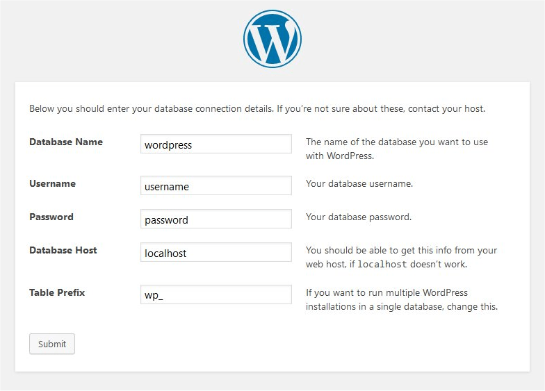 install WordPress - Enter DB information