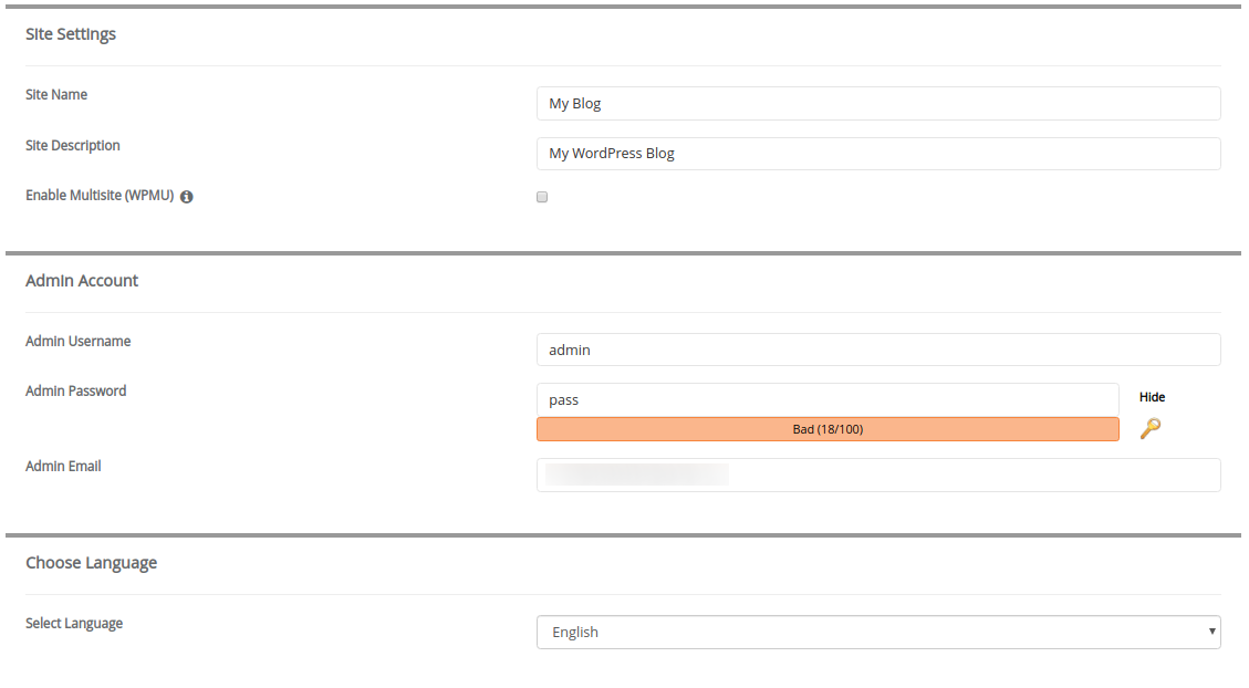 WP site info on cPanel