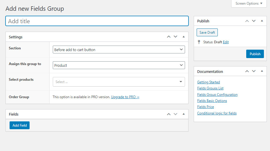 add field group in flexible product addons