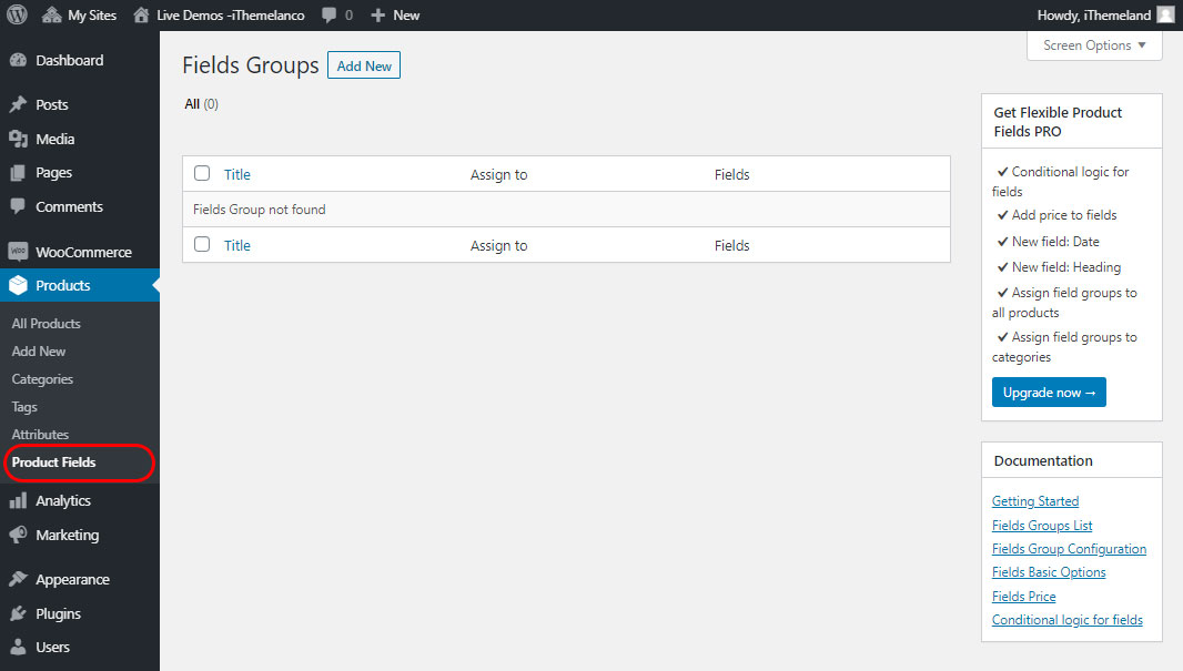 field group list in flexible product addons