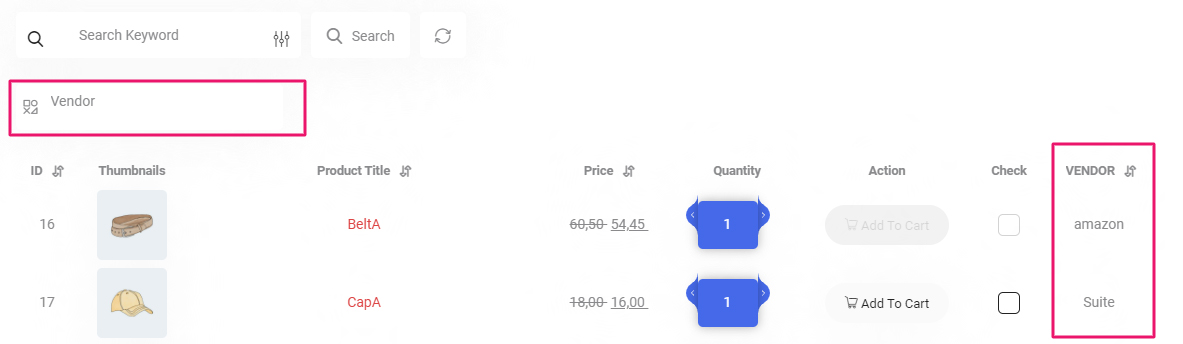 woocommerce product table display vendor in front-end