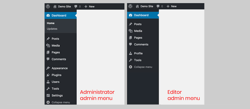 administrator and editor roles menu in WordPress