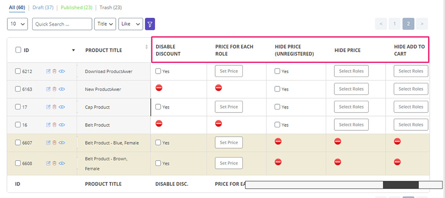 woocommerce bulk product editing dynamic price table