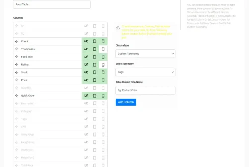 woo product table column manager