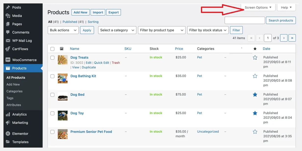 click screen options to change number of items per page