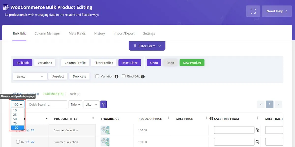 Change number of items in woocommerce bulk product editing plugin