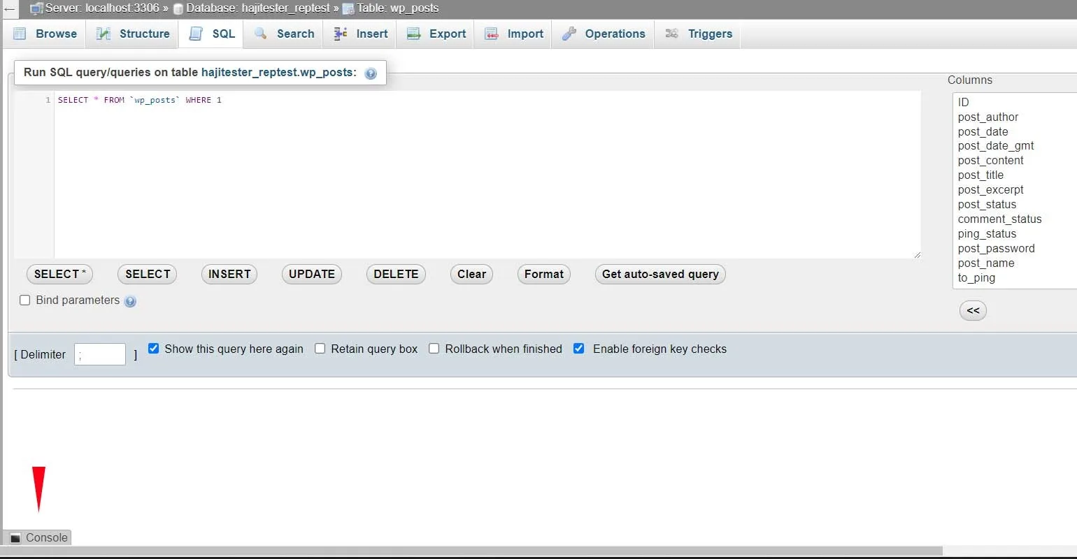 Select console in SQL tab of phpmyadmin