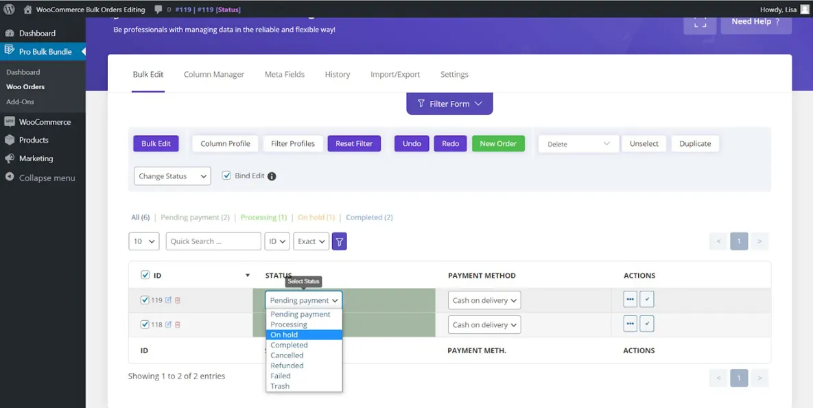 inline edit order status fields