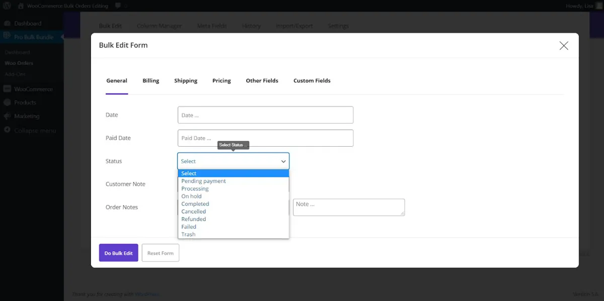 bulk order status fields