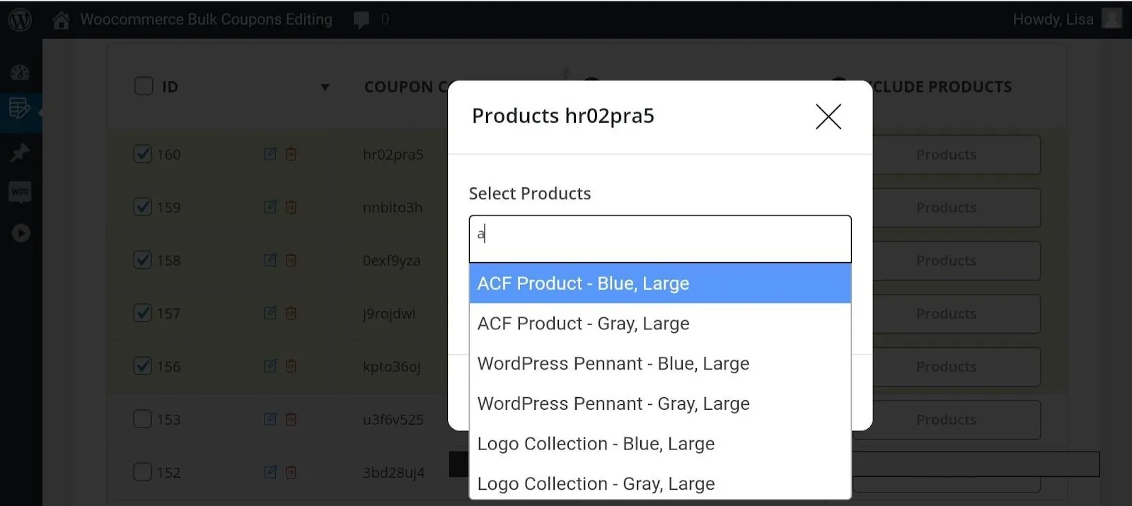 bulk assing product to coupon in woocommerce