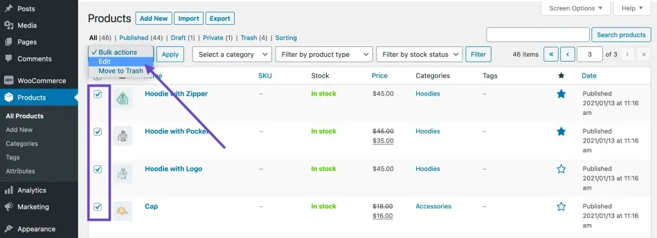 default woocommerce bulk edit