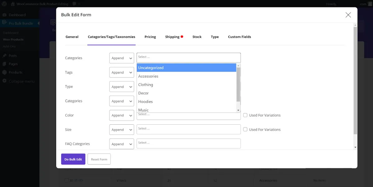 woocommerce bulk edit select category