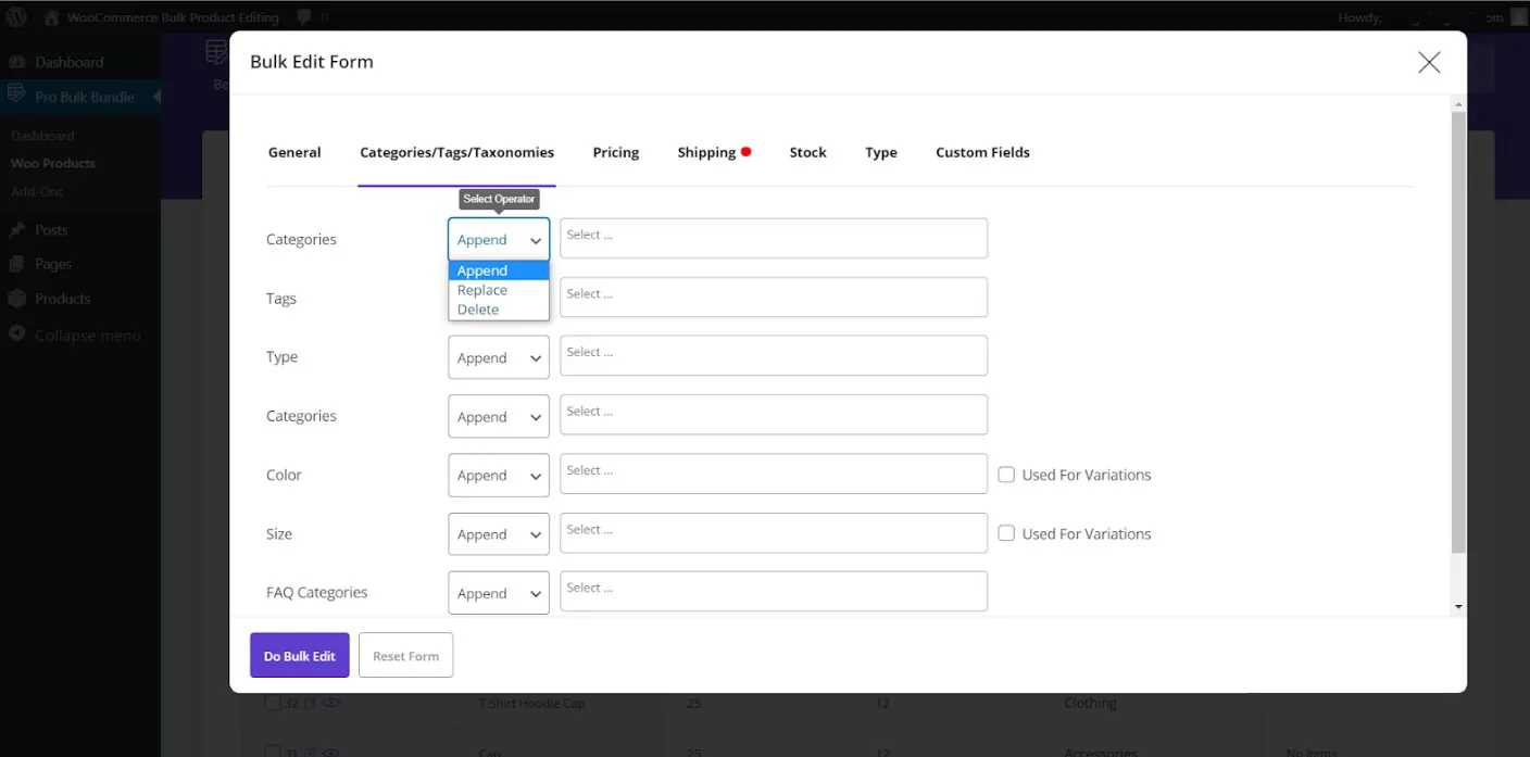 woocommerce bulk edit category operation