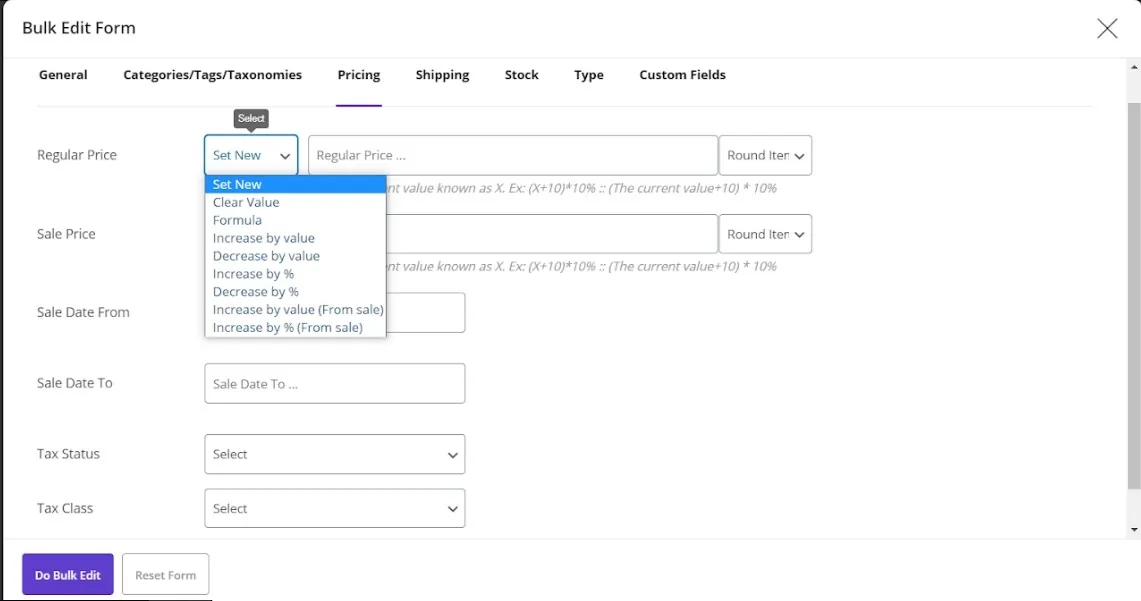 woocommerce bulk edit product price based on