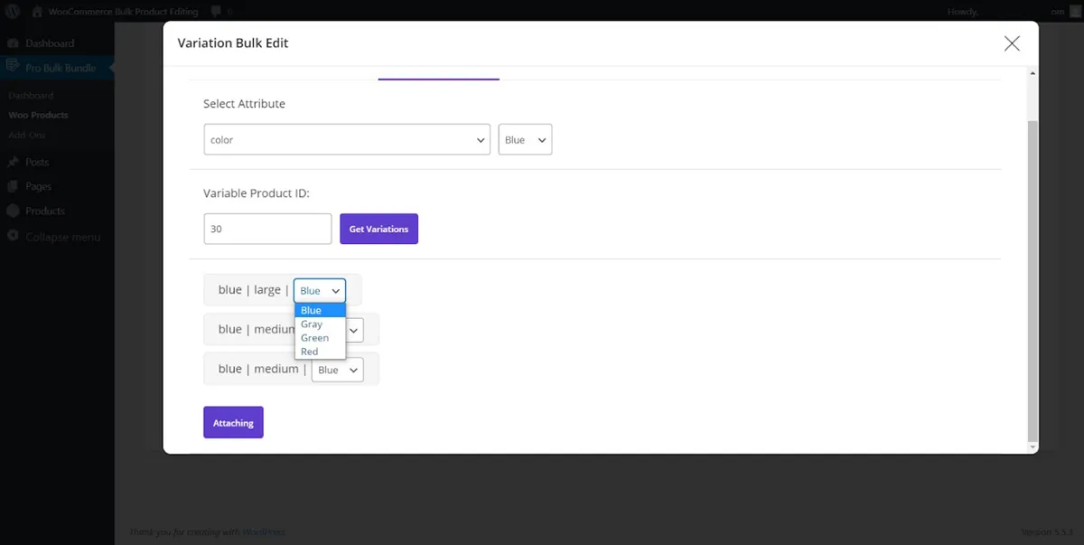 woocommerce attach product variation