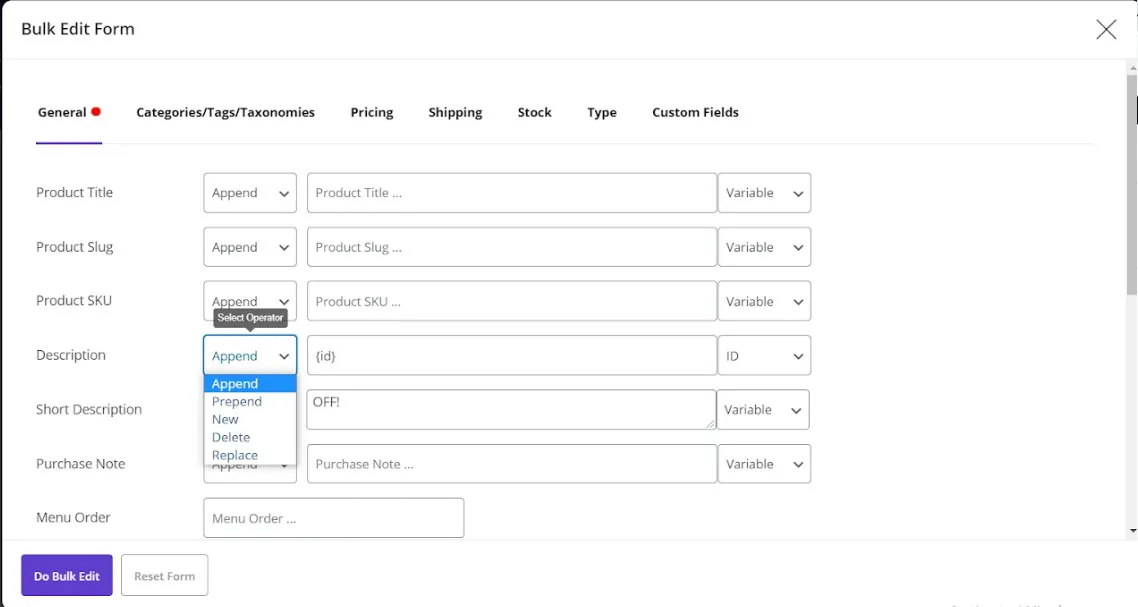 woocommerce bulk edit product description