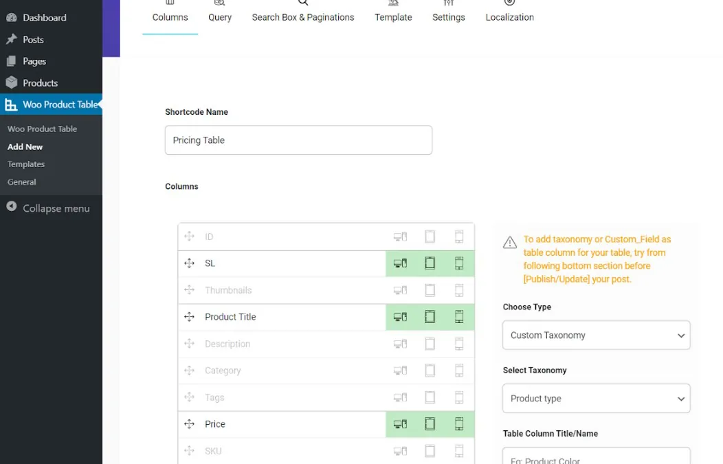 manage columns in product table plugin