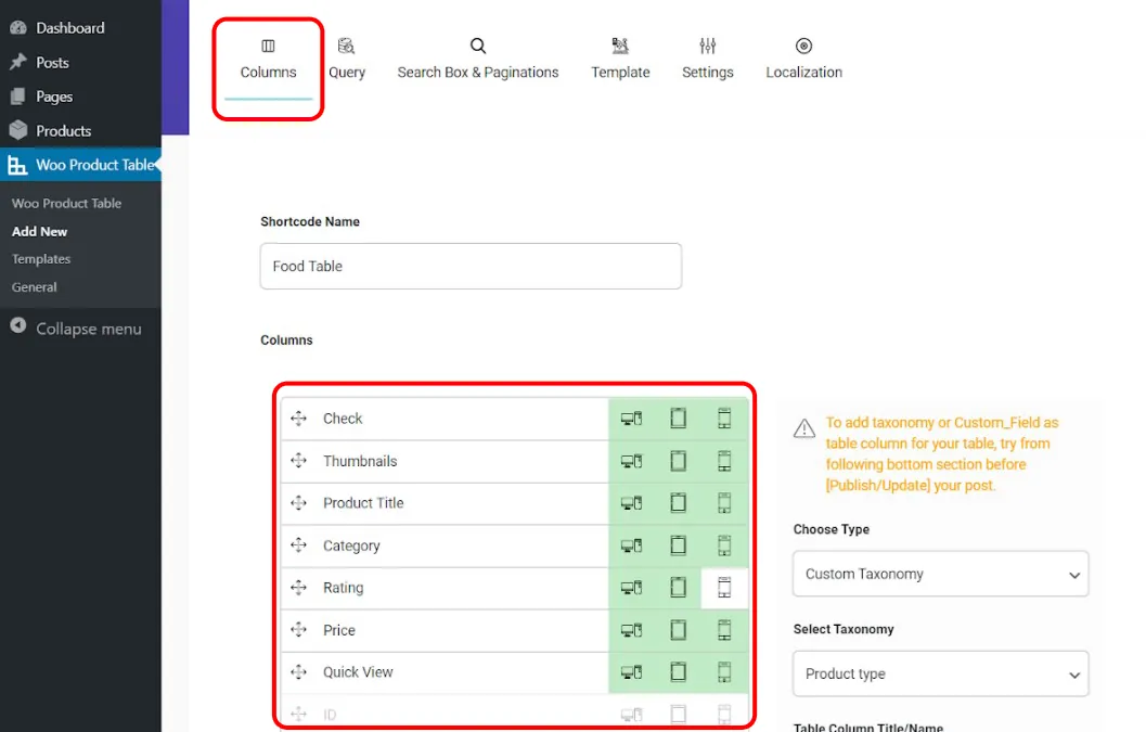 show simple product in table