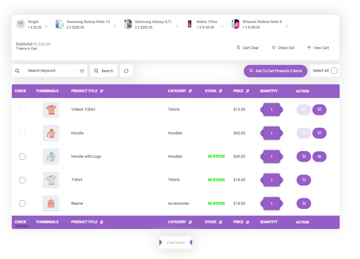 woocommmerce product table front end view