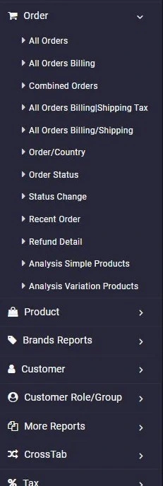 woocommerce report menu