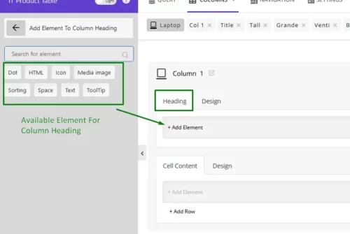 Set the custom element as heading of product table