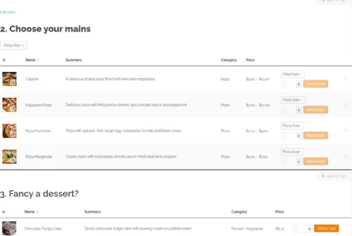 Create a one-page resaurant order form with a separate product table for each category