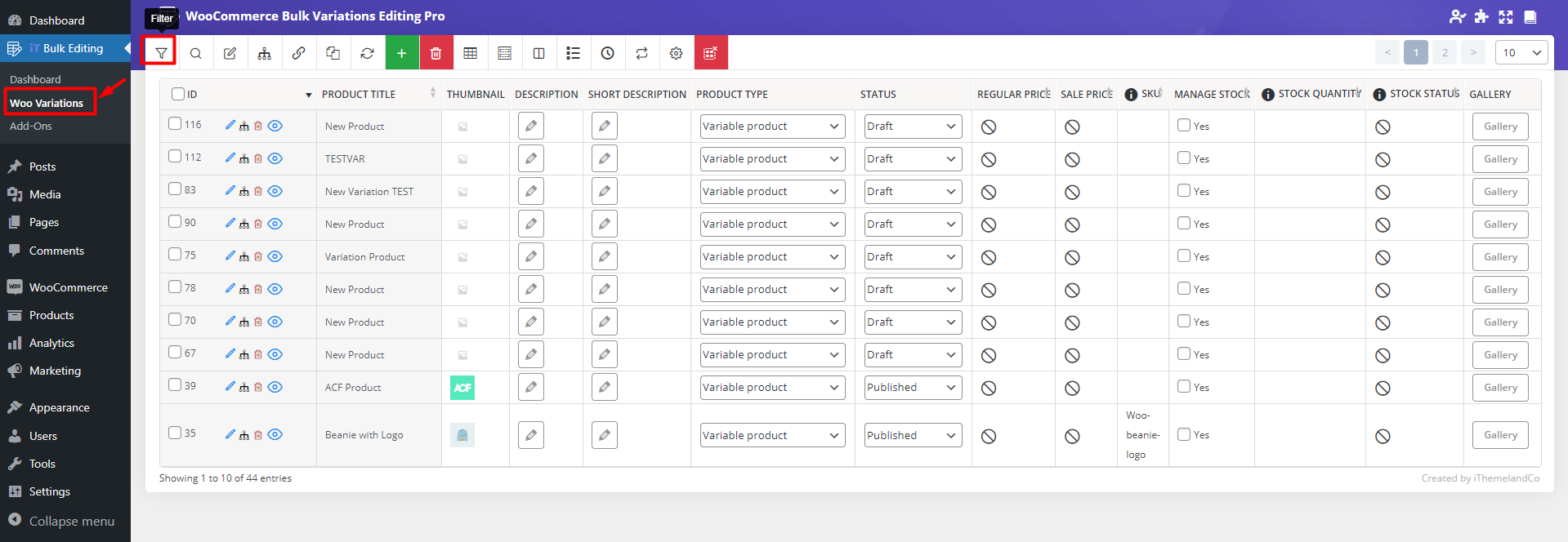 select filter icon in WooCommerce variation bulk edit plugin to filter desired products