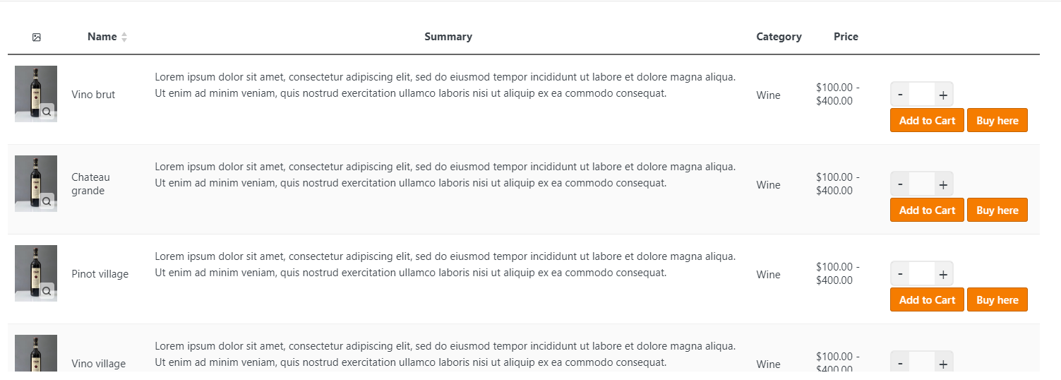 result button element in WooCommerce table