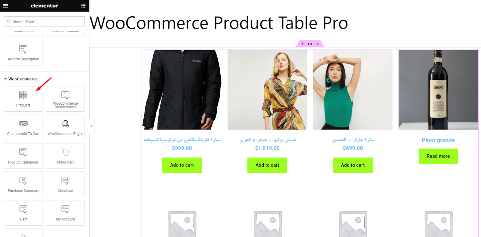 select products element in Elementor
