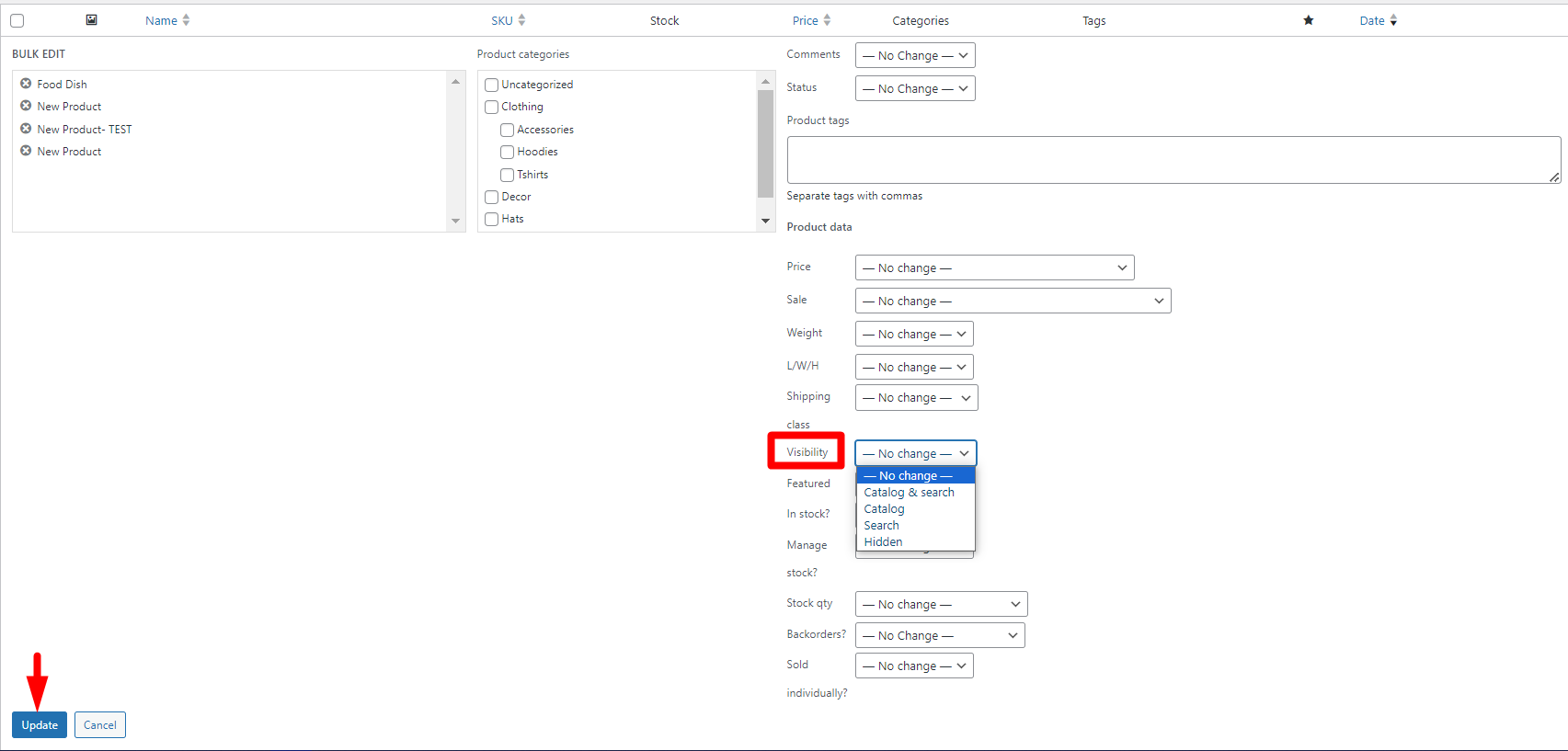 select visibility field in WooCommerce bulk edit form