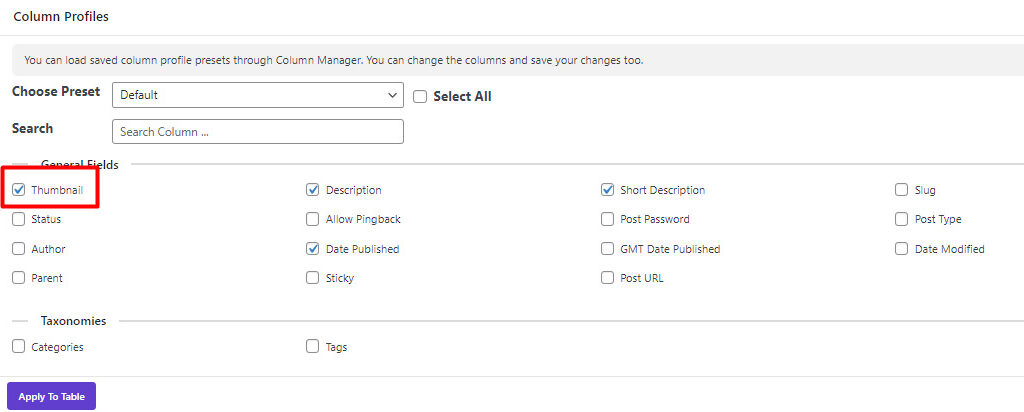 select thumbnail option to general fields in columns profile