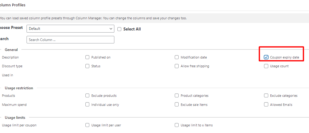 Mark coupon expiry date column in Column Profiles form