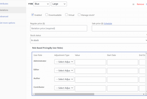 Role-based pricing based on user role on variable products