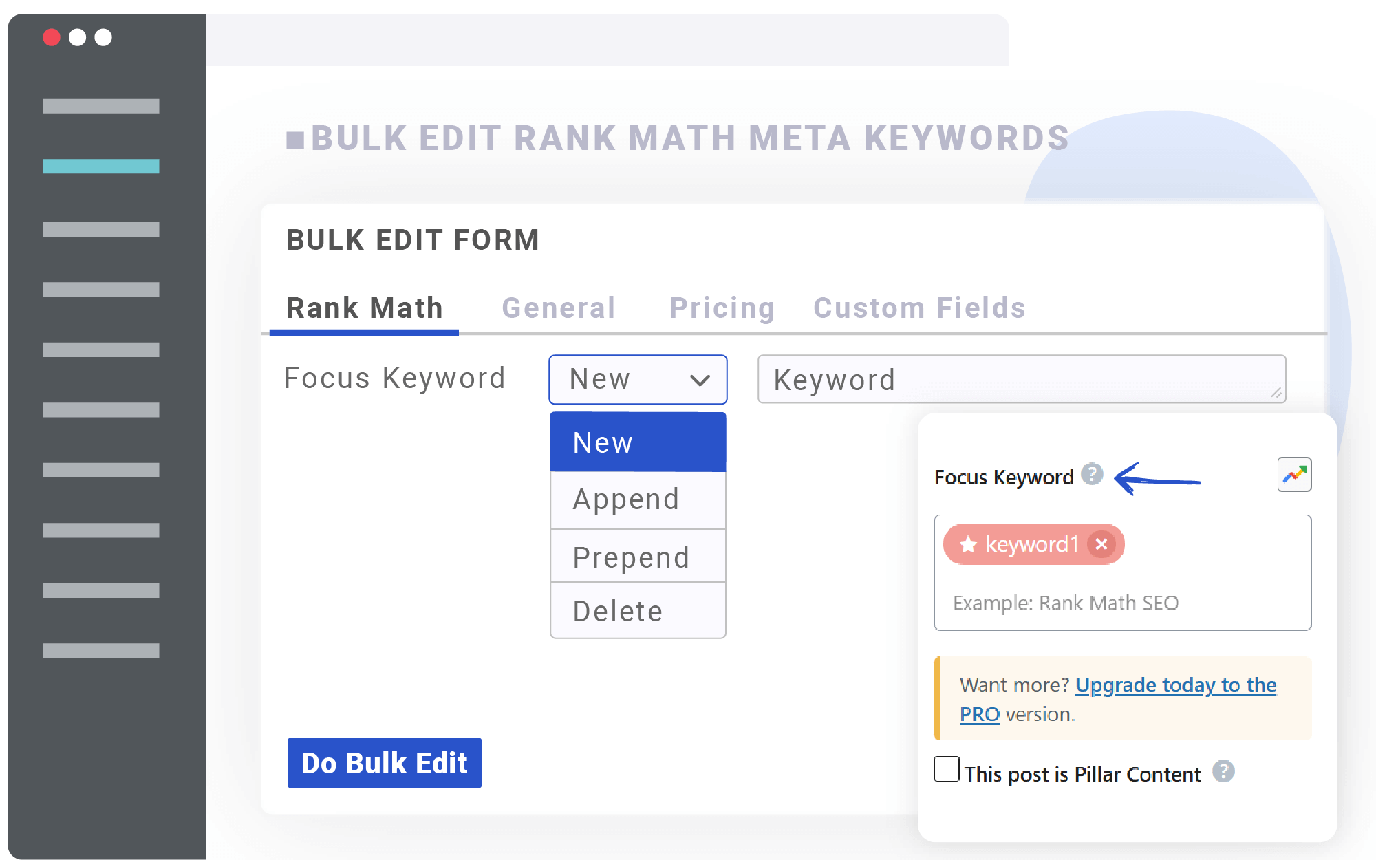 Bulk edit Rank Math SEO focus keywords