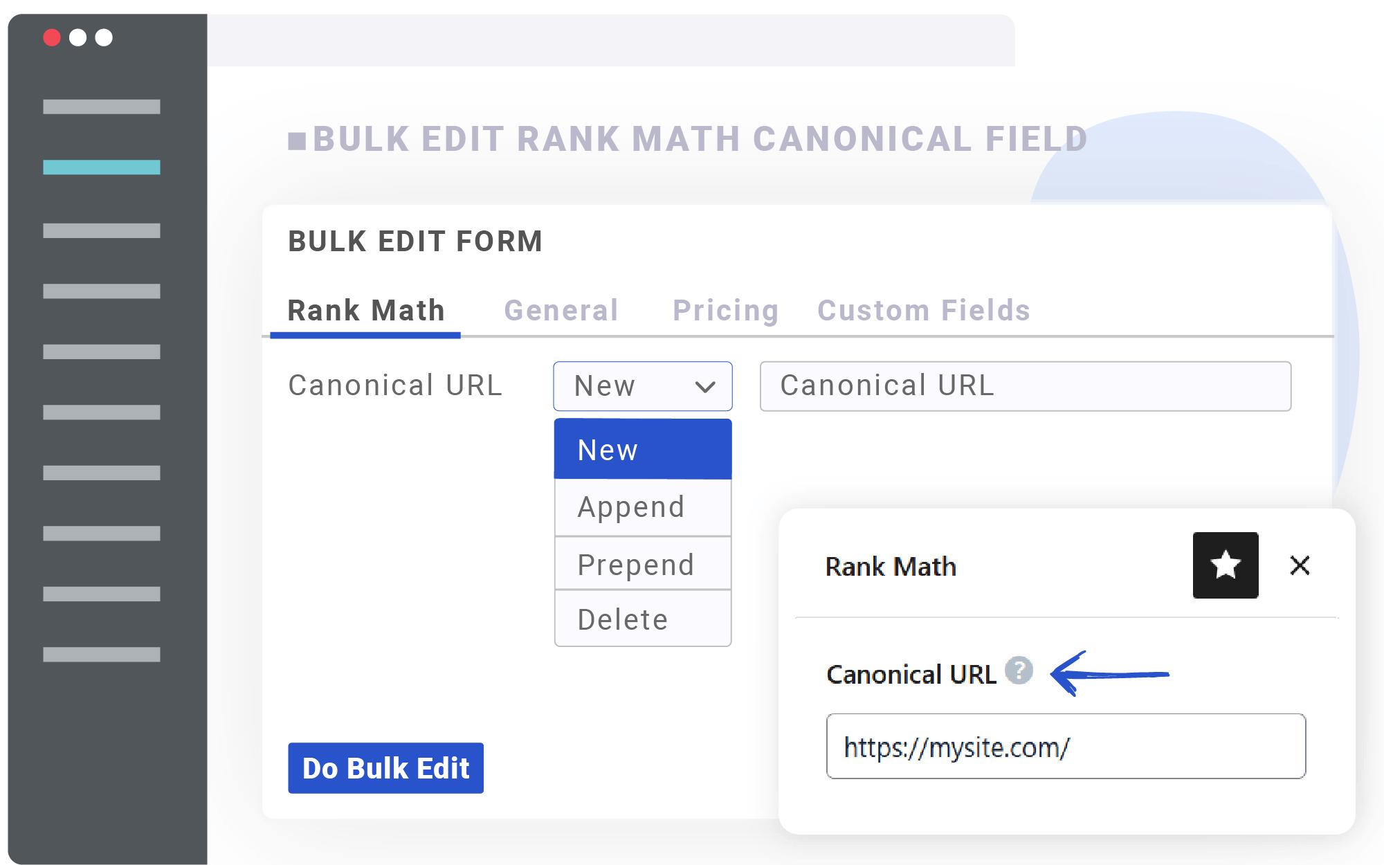 Bulk edit Rank Math SEO canonical field